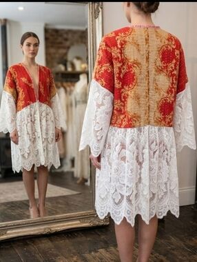 Upcycled Kantha & Vtg Lace Peplin Jacket L-1X Handmade Dont Throw It Out